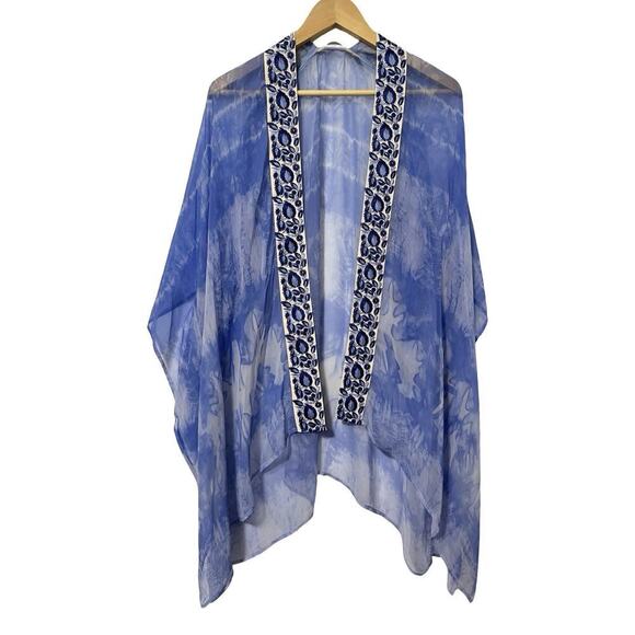 Soft Surroundings Origins Sheer Embroidered Kimono Top L/XL Blue Boho Artsy - Picture 1 of 7